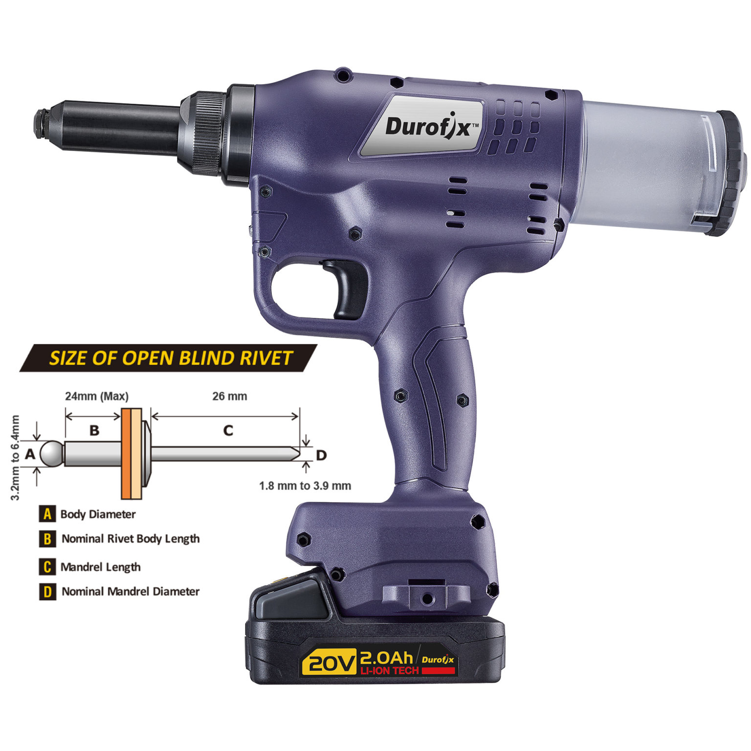 P20 series 20V BRUSHLESS Rivet Gun Tool, 20k N Pulling Force, up to 1/4 ...